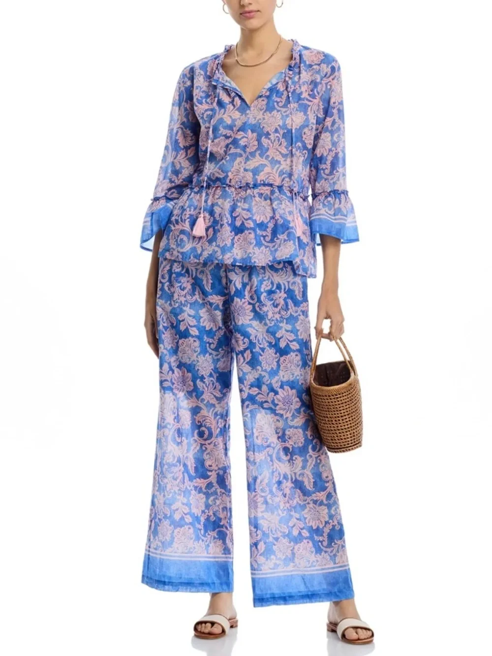 Johnny Was Workshop Florentina 2 Piece Set Blue Pink Floral Cotton Boho S/M